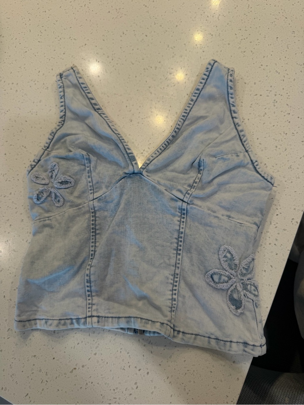 Altard State Light Blue Denim V-Neck Tank with Floral Applique